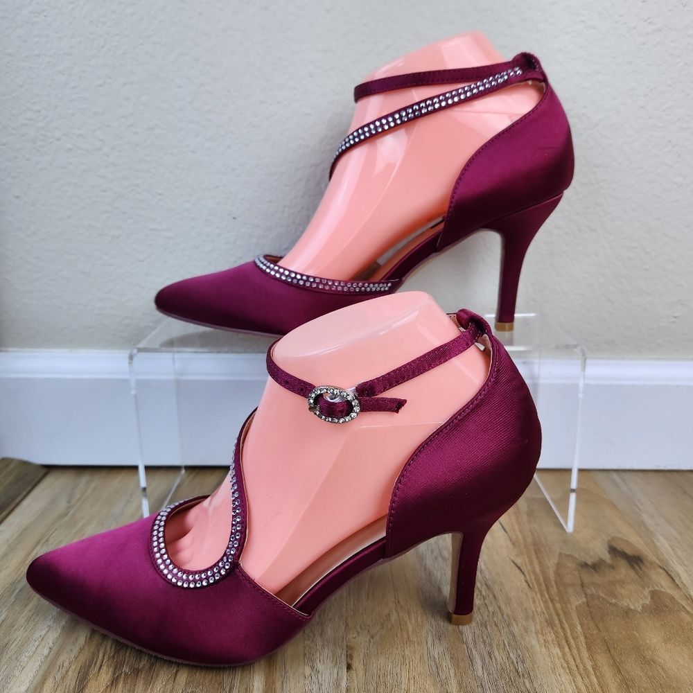 ☔️🩵Burgundy Satin & Rhinestone Buckled Ankle Strappy Heel Shoes Size 8 - Picture 10 of 15